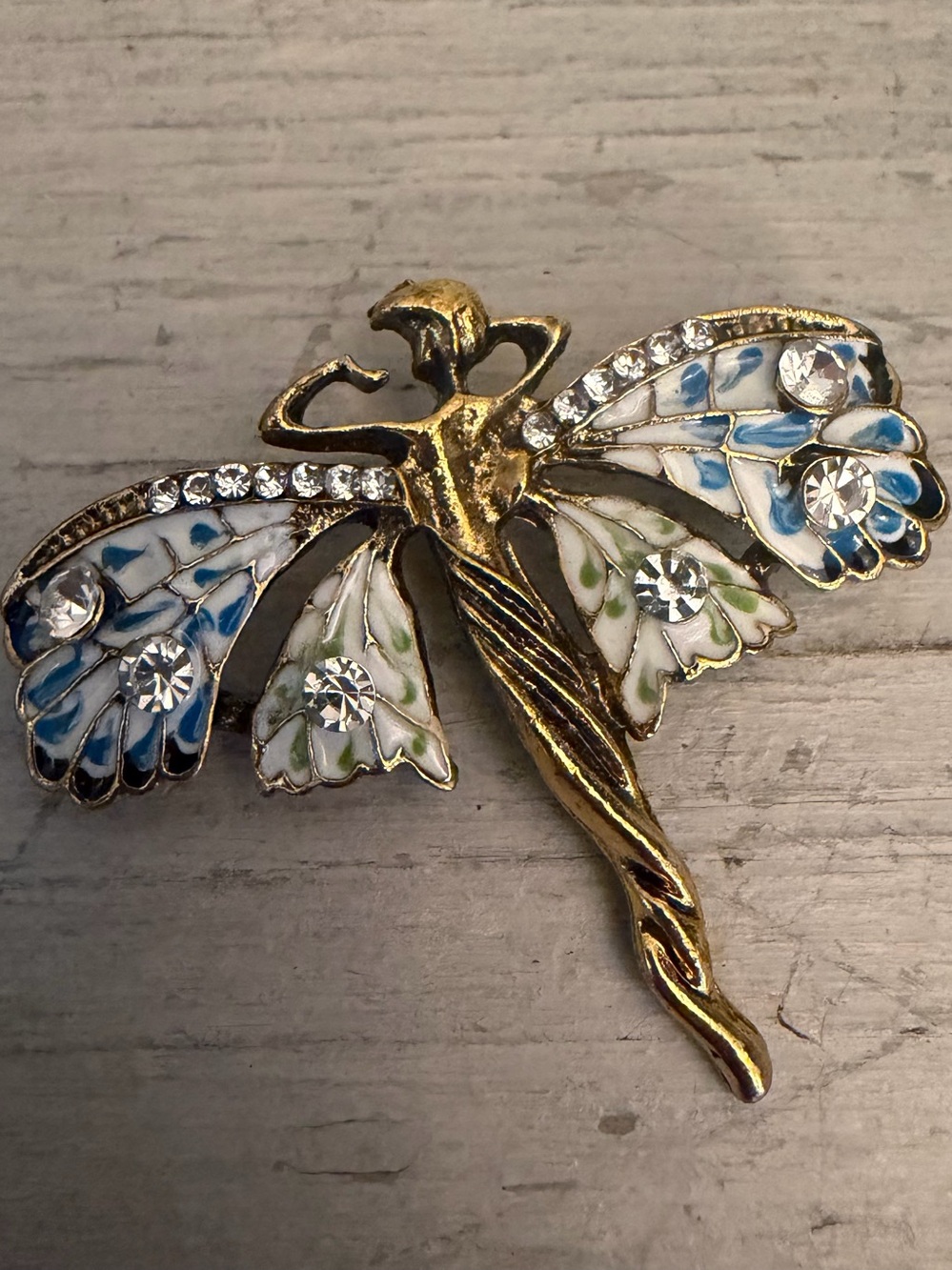 Vintage Gold Tone Dancing Fairy w/ Bejeweled Multicolor Wings Brooch Pin GC